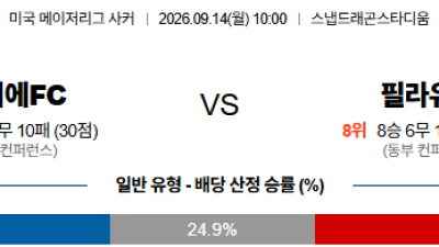 09월14일 샌디에고FC:필라델피아 MLS 분석 및 예측 :