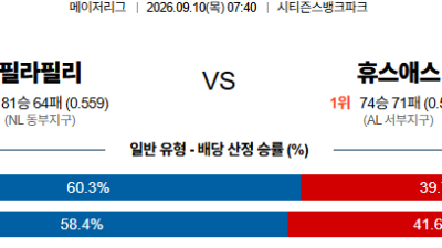 09월10일 필라델피아:휴스턴 MLB 분석 및 예측 :